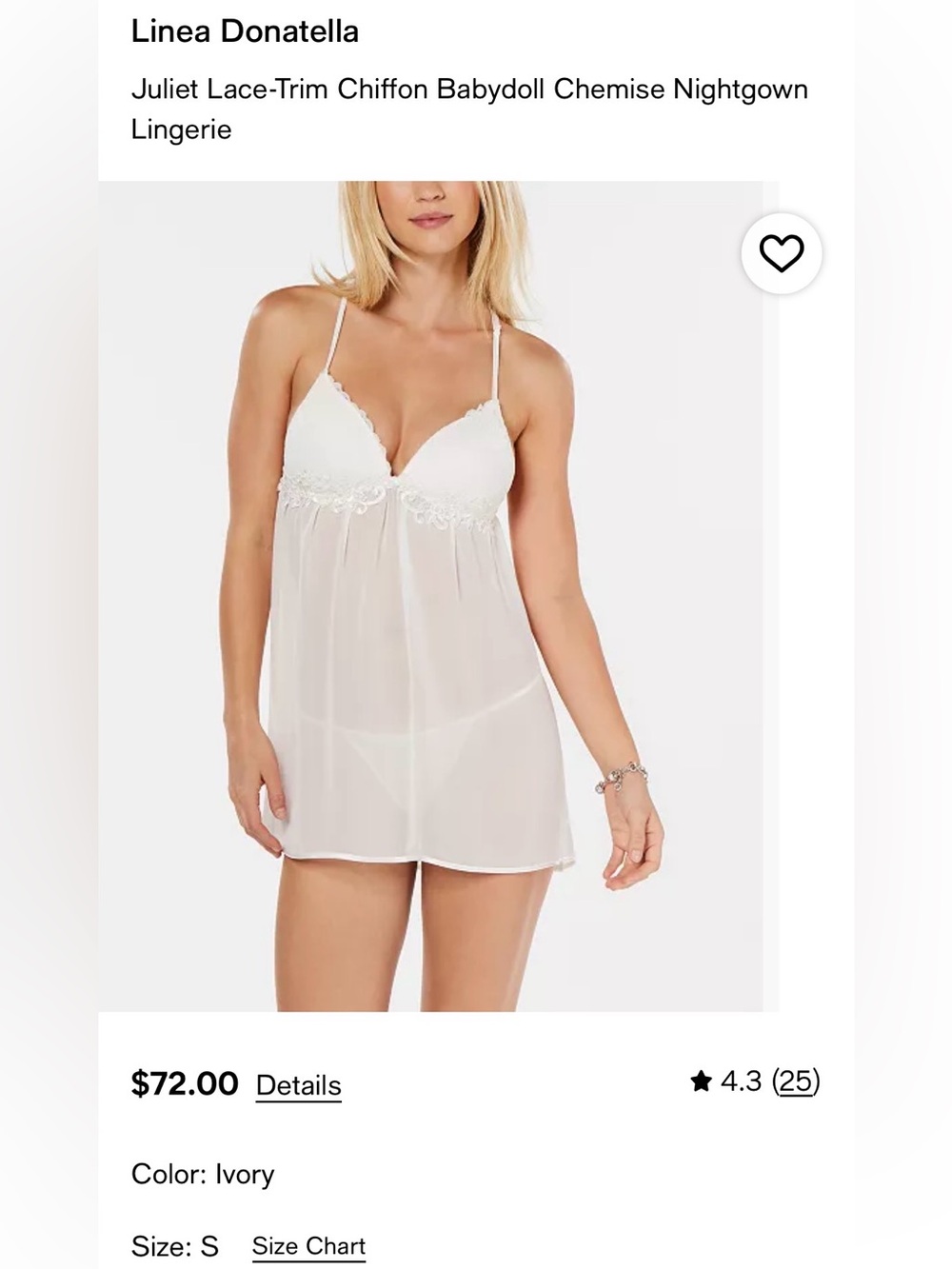 Linea Donatella Ivory Lace-Trim Chiffon Babydoll Chemise